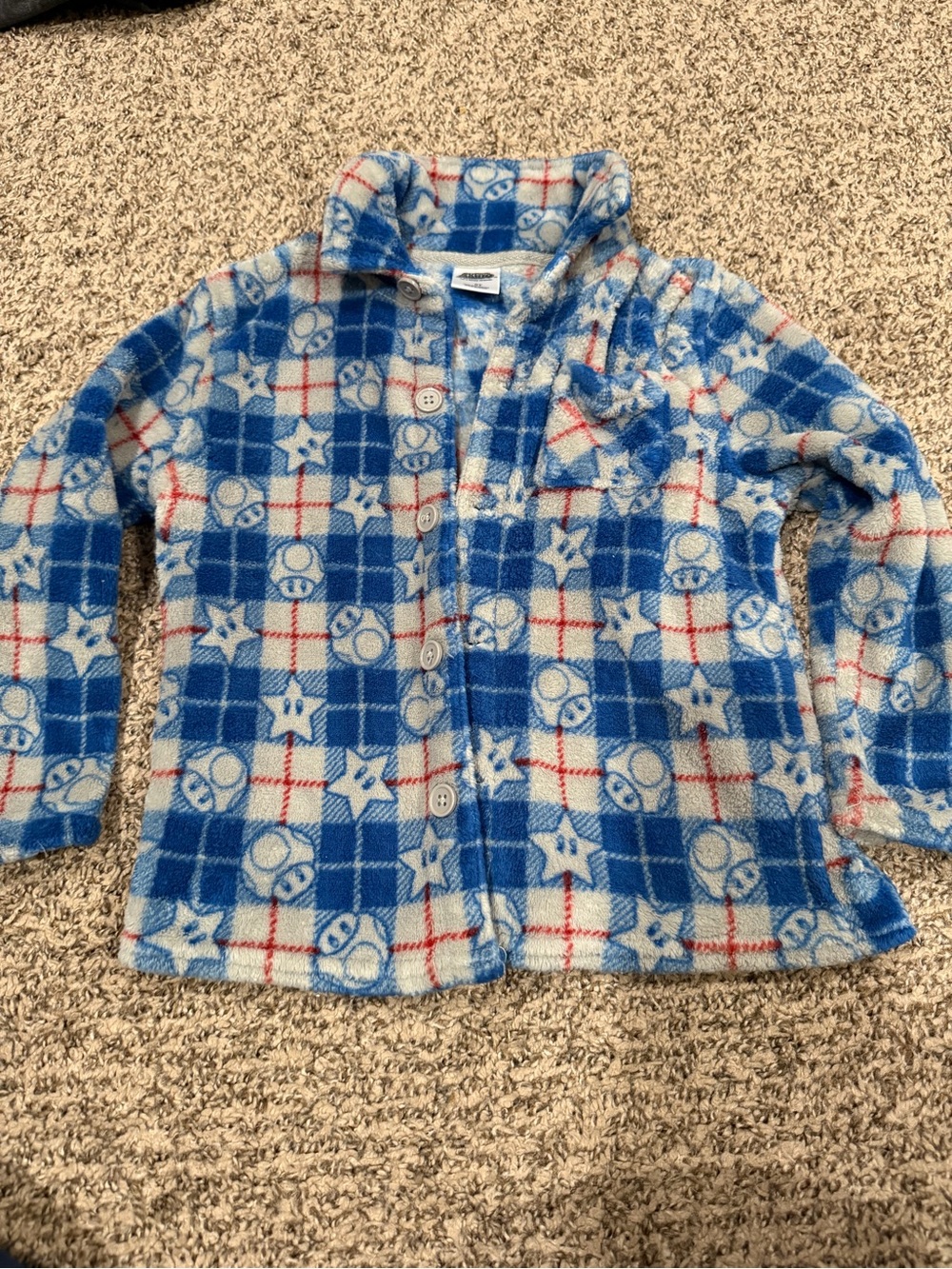 Kids Blue Plaid Fleece Button-Up- Cozy Super Mario Theme